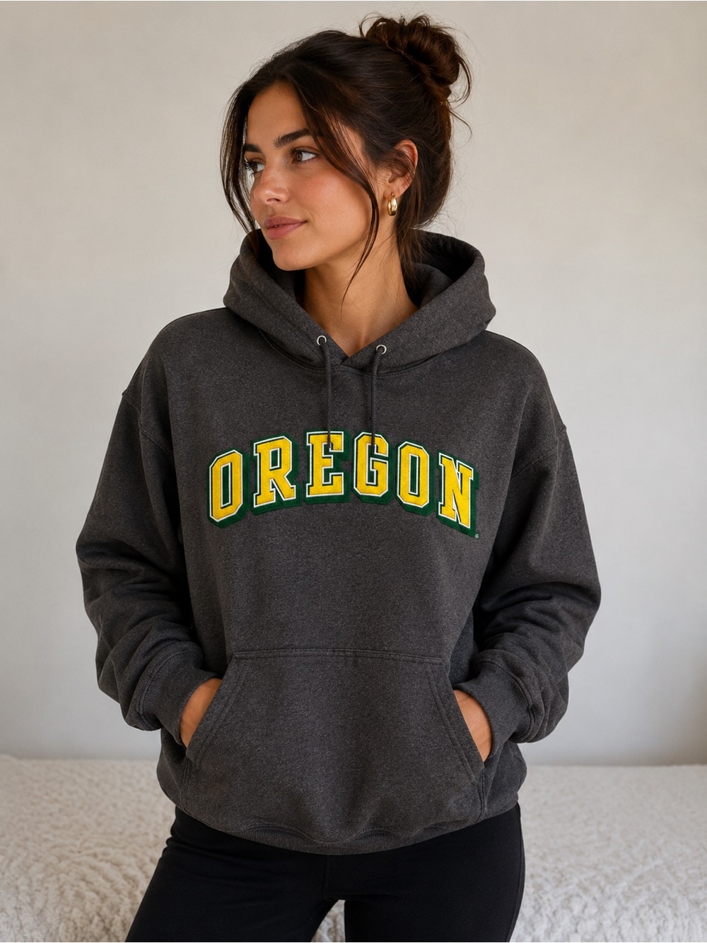 Champion Charcoal Hoodie with Yellow & Green Oregon Arch